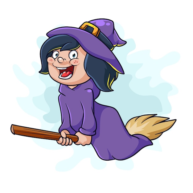 cartoon little witch flying on a broomstick