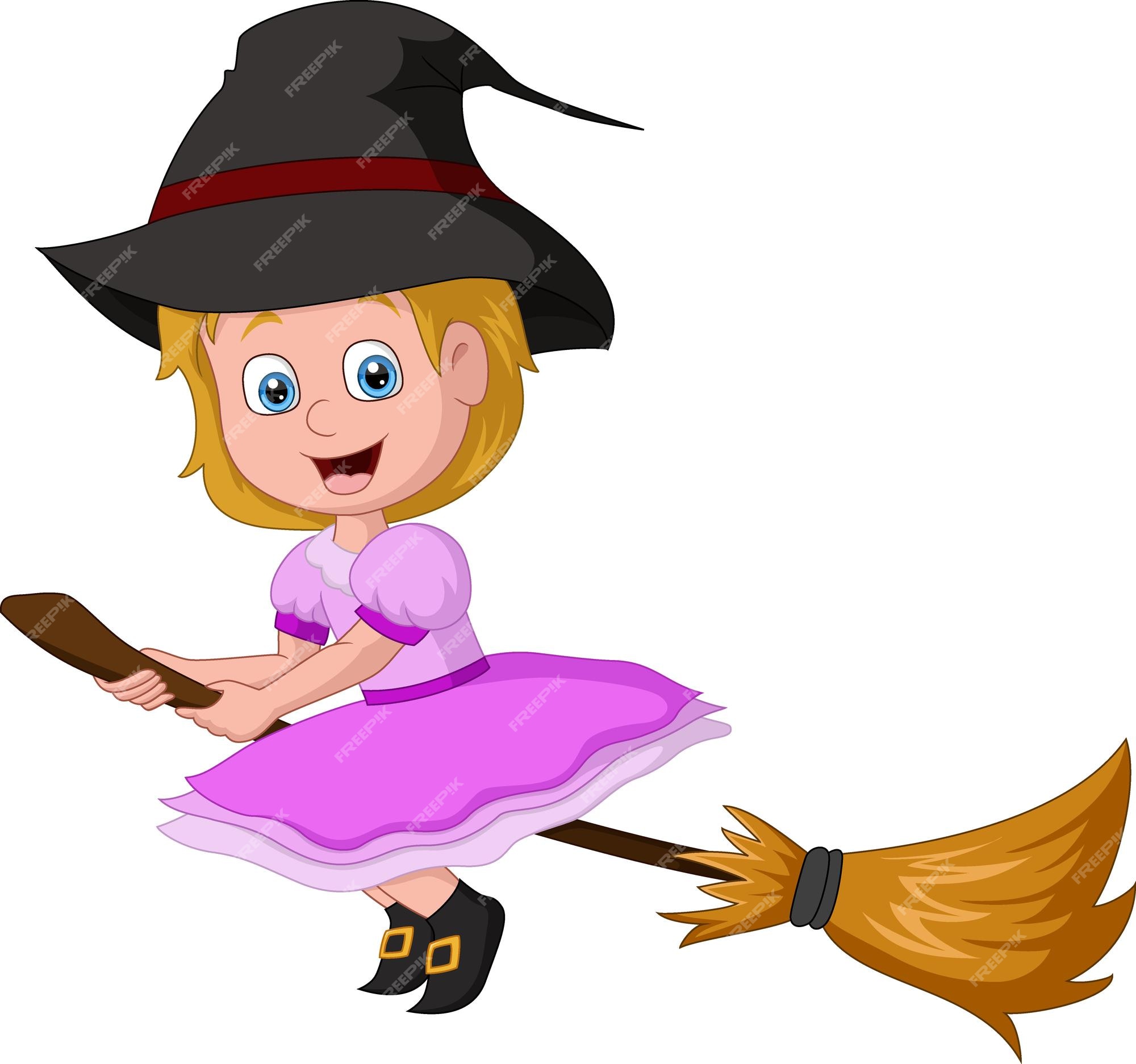 Premium Vector | Cartoon little witch flying on broomstick Premium Vector | Cartoon little witch flying on broomstick