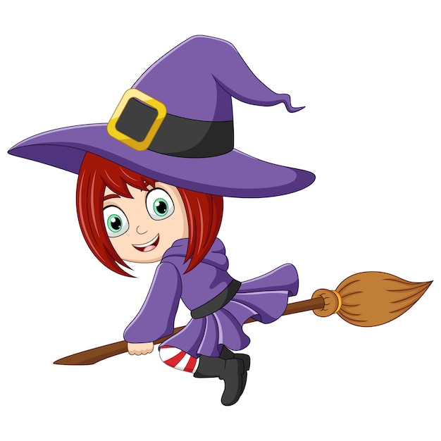 Cartoon little witch flying use a broomstick