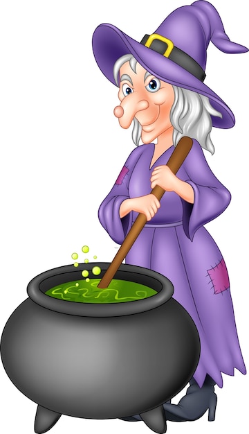 Vector cartoon little witch preparing potion