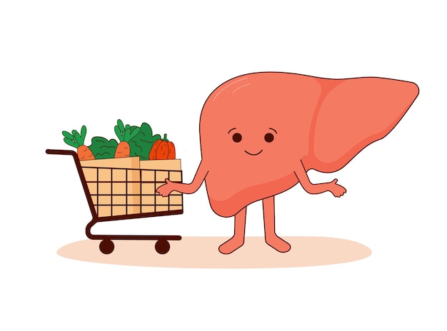 Cartoon liver with healthy vegetables for liver health Love Your Liver Awareness Month