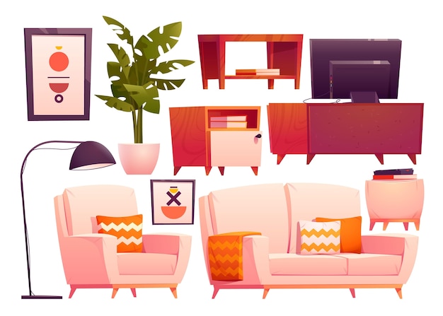 Vettore collezione di mobili per il soggiorno dei cartoni animati