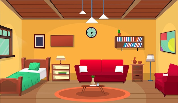 Cartoon living room, house inside interior, house with furniture, stairs, teenage luxury room.