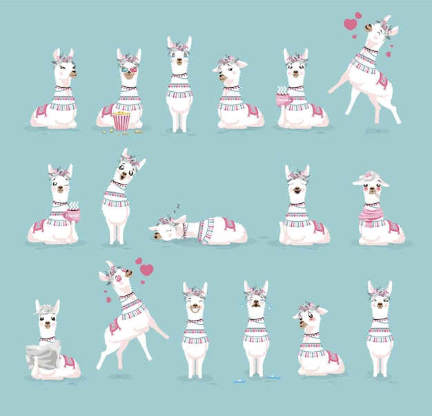 Vector cartoon llama with different emotions