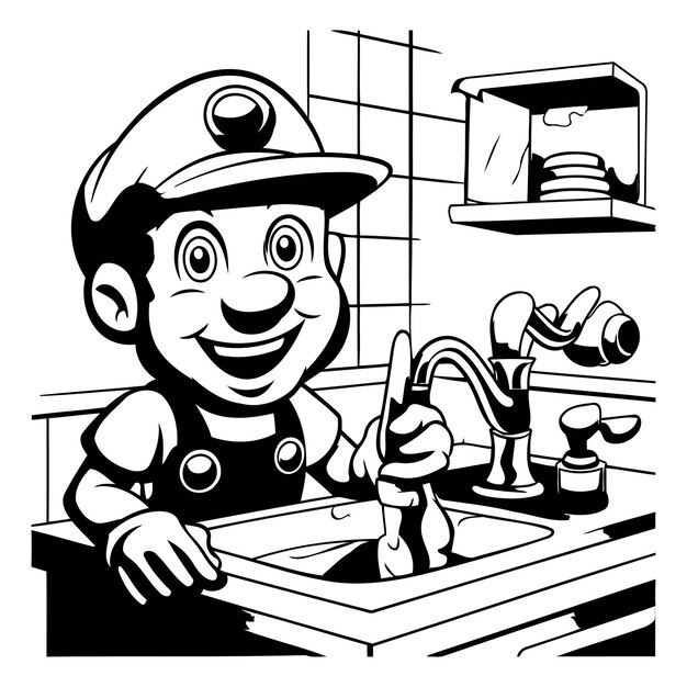 Cartoon loodgieter in de keuken Zwart-wit illustratie vector