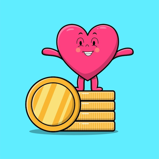 Cartoon lovely heart standing in stacked gold coin