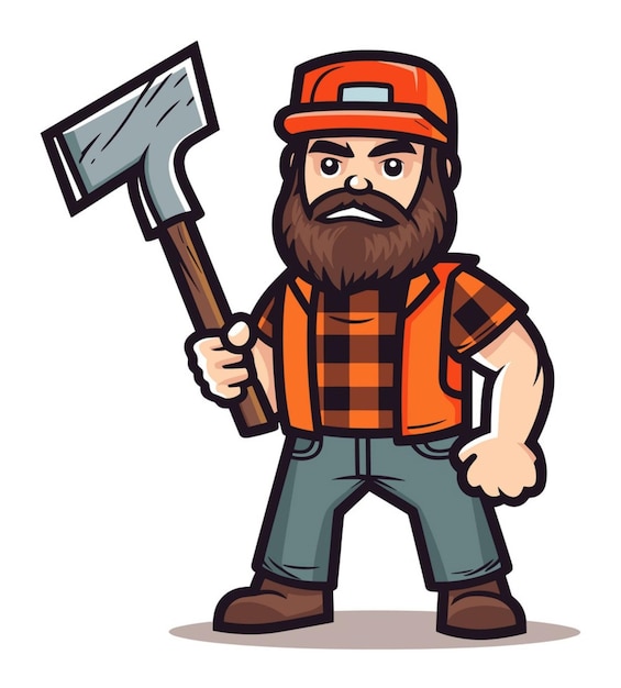 Cartoon lumberjack with beard orange hat holding