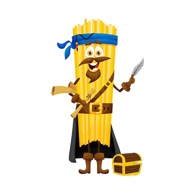 Cartoon lunguine Italiaanse pasta piraat karakter Italië keuken pasta boekanier vrolijk personage smakelijke noodle piraat of lunguine corsair geïsoleerde vector schattige mascotte met schatkaart en borst