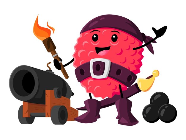 Cartoon lychee fruit pirate or corsair character with cannon and burning torch Isolated vector tropical fruit personage armed with powerful weapon ready to defend its treasure with ferocity