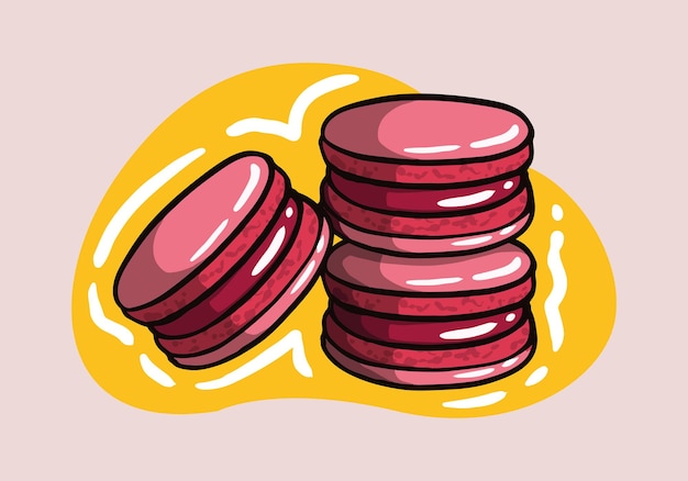 Vettore biscotti macaron dei cartoni animati, maracron rosa. disegno da dessert dolce tradizionale francese. carino disegnato a mano