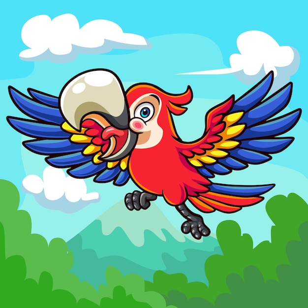 Cartoon macaw bird flying above the clouds