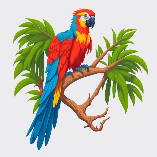 Vector cartoon macaw on tree branch vector illustration white background