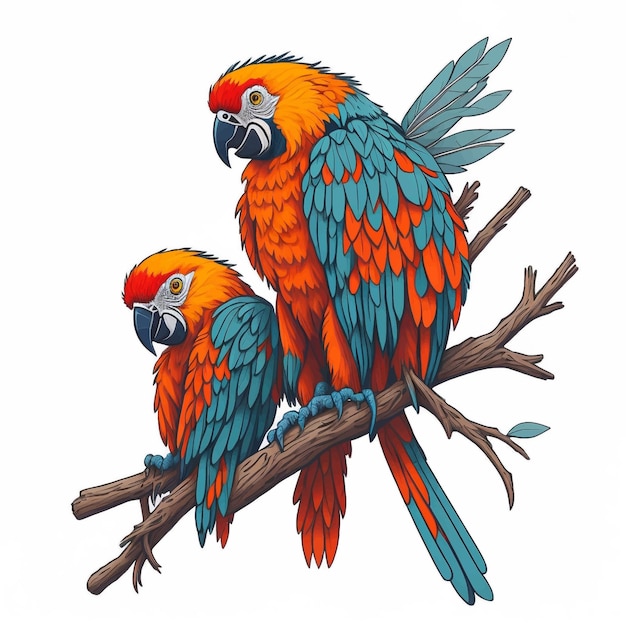 cartoon macaw on tree branch vector illustration white background