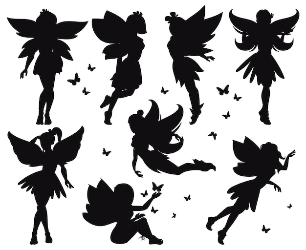 Vector cartoon magic fairy tale little fairies silhouettes. magical little fairies girls flying with butterflies vector illustration set. fantasy pixie creatures. fairy beauty black silhouette, princess set
