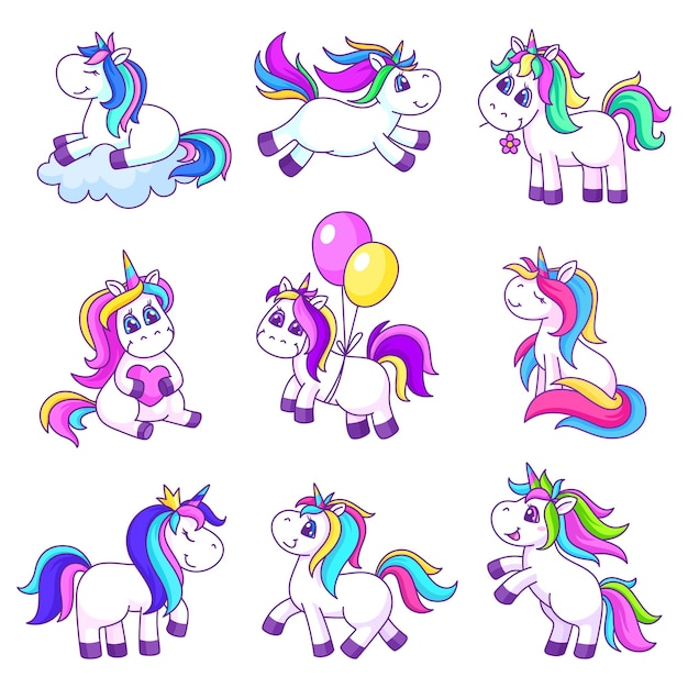 Vettore unicorni magici dei cartoni animati cute pony unicorno patch isolati rosa bambini amici animali da favola elementi cutie per decorazioni per feste di compleanno vettore sgargiante