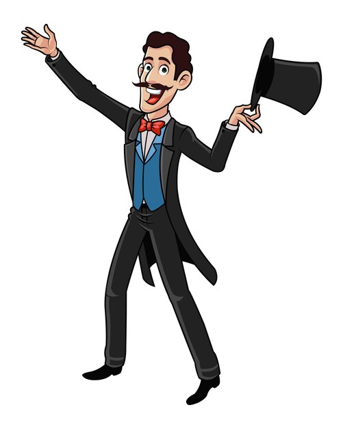 A cartoon of a magician with a top hat and a bow tie