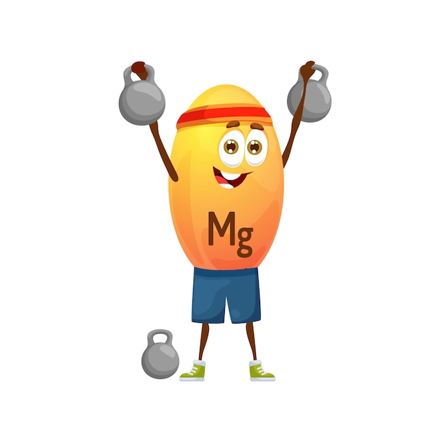 Cartoon magnesium athlete character with dumbbells