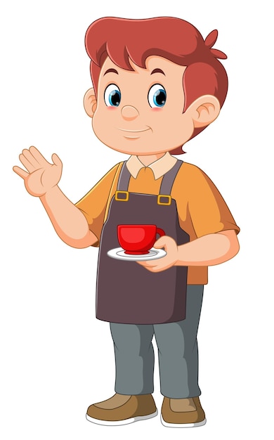 Vector cartoon male barista or waiter handsome caucasian man character in uniform restaurant or coffee shop staff