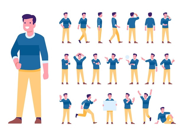 Cartoon male character poses Guy standing in casual clothes Different body positions and actions Man running and walking Emotion expressions or gestures Vector persons postures set
