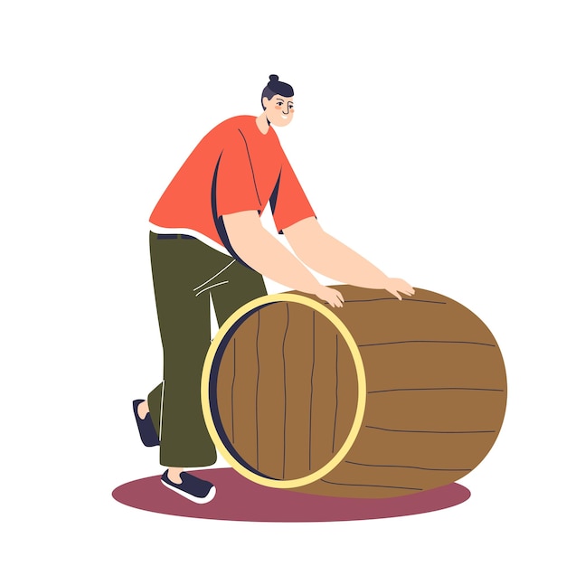 淹れたてのビールのイラストの木製の樽を転がる漫画の男性キャラクター