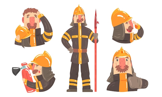Вектор Карикатурный персонаж-пожарный в различных действиях с инструментами иллюстрационный набор изолирован на белом фоне