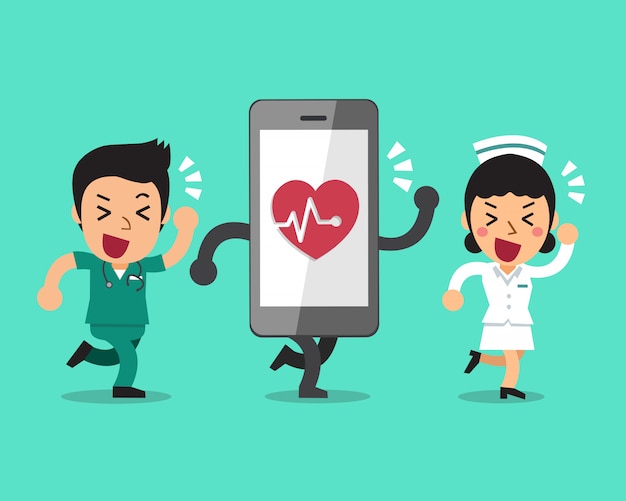 Cartoon male nurse and female nurse with big smartphone