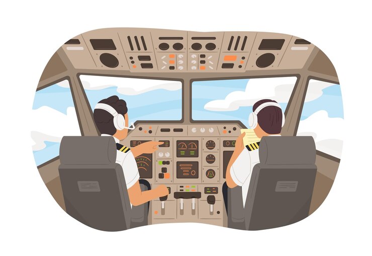Vector cartoon male pilot cockpit plane with control board vector graphic illustration. back view airplane captain command of aircraft. two aviation crew worker at cabin during flight in sky.