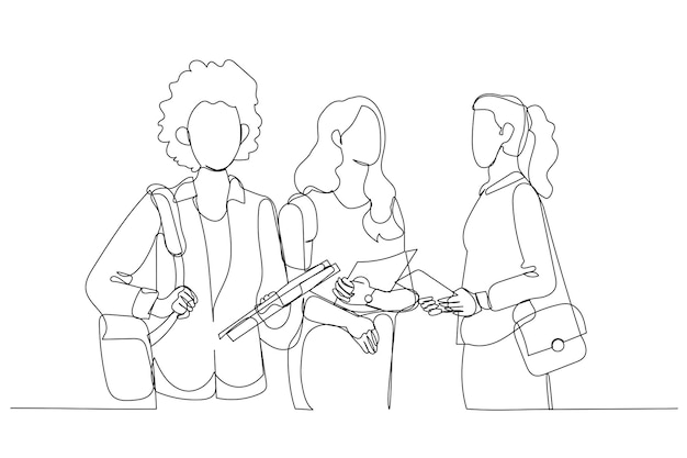 Cartoon of male student with group of young adults outdoor in city Single line art style