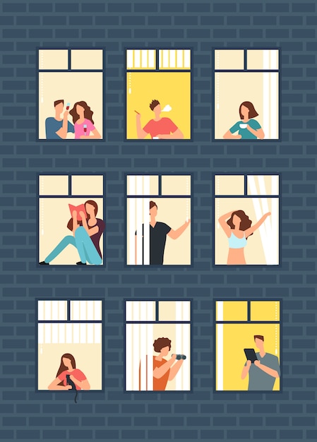 건물의 아파트 창에서 만화 남자와 여자 이웃.