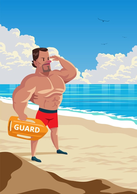 Vector a cartoon of a man on a beach with a lifeguard sign on his chest.