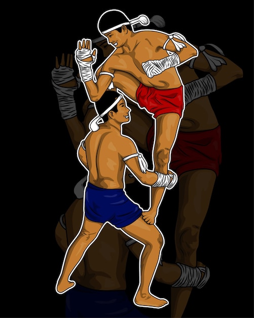 A cartoon of a man in blue shorts and a red and white shorts is about to kick a man