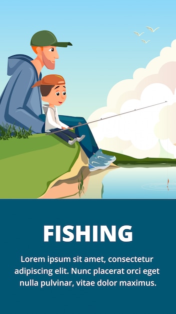 Cartoon man and boy father son fishing banner