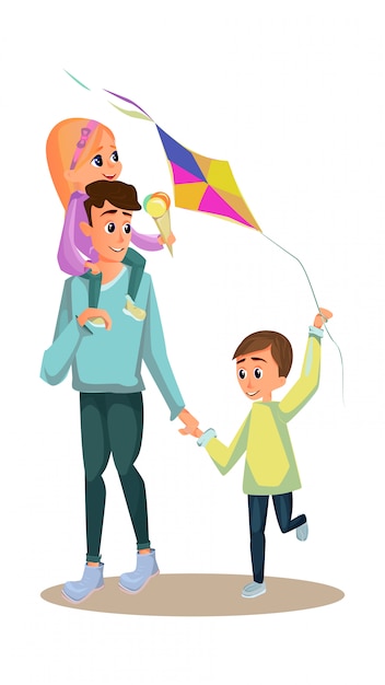 Cartoon man carry girl icecream kid with kite toy