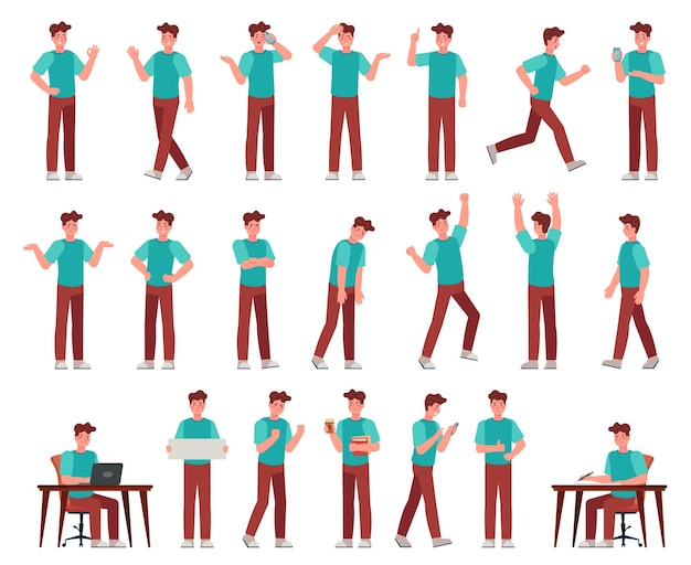 Vector cartoon man in casual outfit. young male character in different poses. student with various gestures, face expression vector set. guy working with laptop, writing at desk, talking on phone, routine