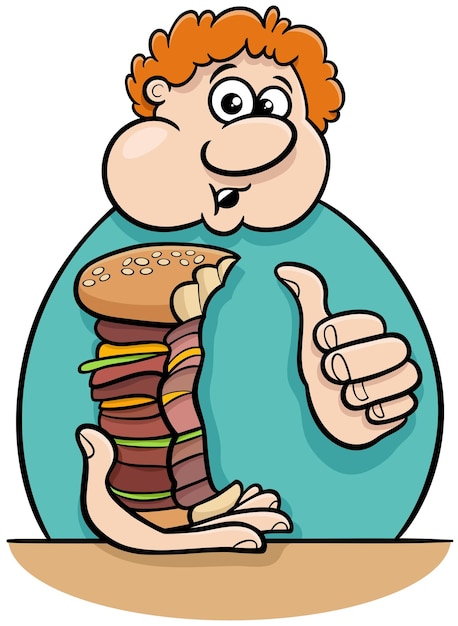 cartoon man character eating a big cheeseburger