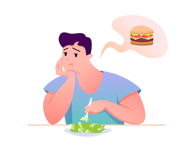 Вектор Мультипликационный персонаж человек сидит за столом, ест здоровую пищу, мечтает о нездоровой гамбургере