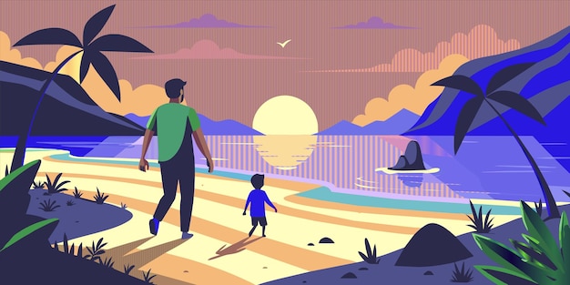 Vector a cartoon of a man and a child walking on a beach