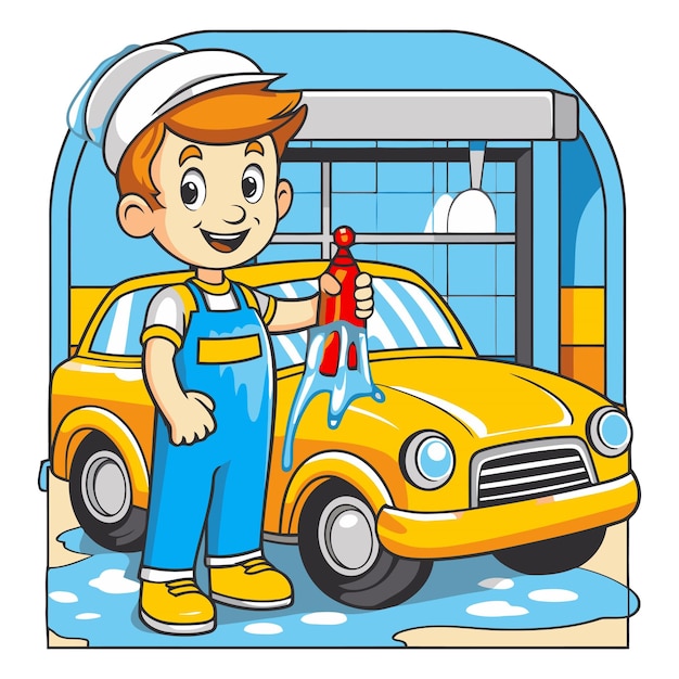 Cartoon man cleaning car of a cartoon car cleaner
