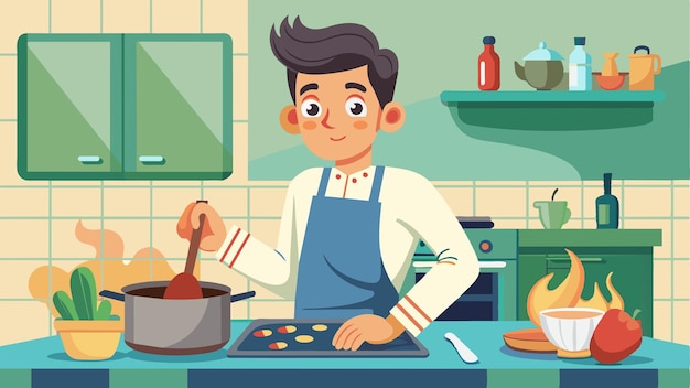 a cartoon man cooking in a kitchen with a cartoon character on the back