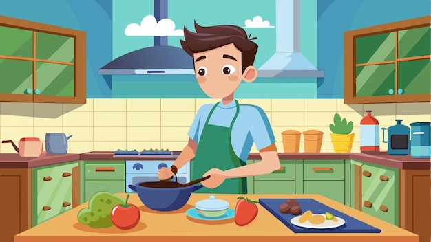 a cartoon man cooking in a kitchen with a cookbook