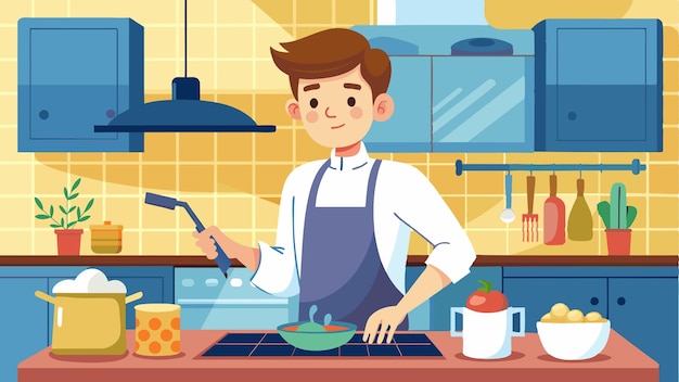 a cartoon man cooking in a kitchen with a pan of food