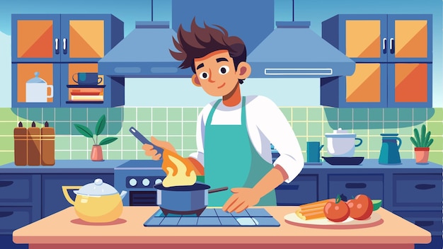 a cartoon man cooking in a kitchen with a pot of food