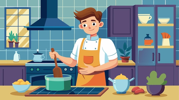 a cartoon of a man cooking in a kitchen with a pot of food
