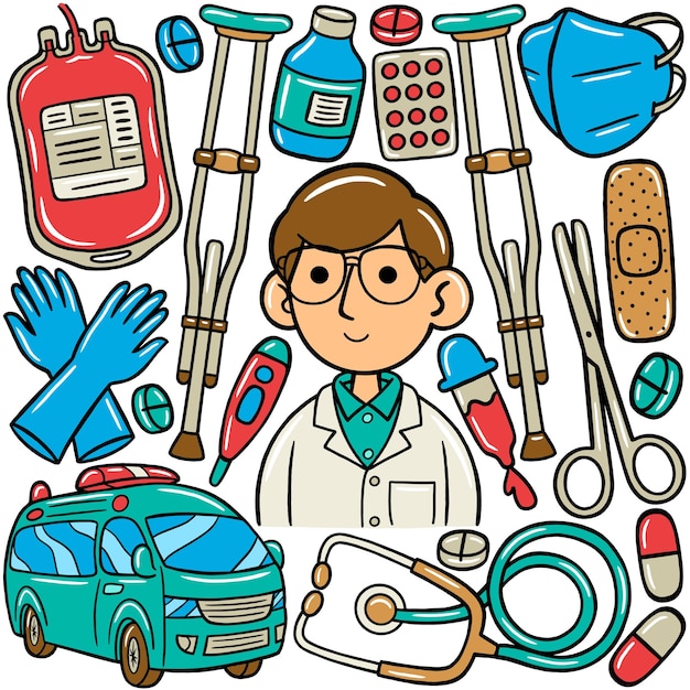 A cartoon of a man doctor with a set of medical items