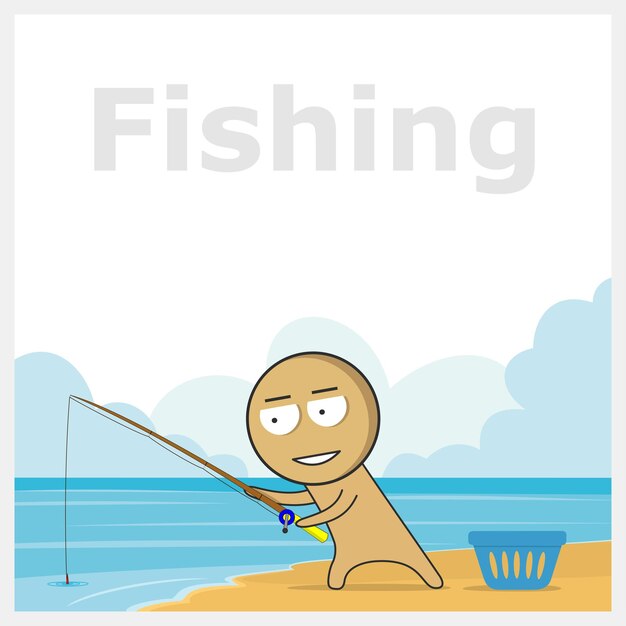 Vector a cartoon of a man fishing on the beach with a fish on the bottom.