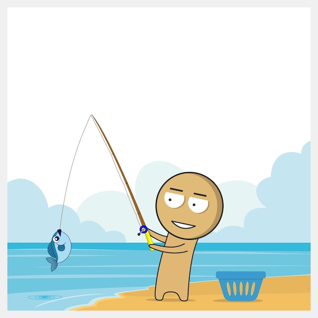 Vettore un cartone animato di un uomo che pesca sulla spiaggia con un pesce sul fondo.
