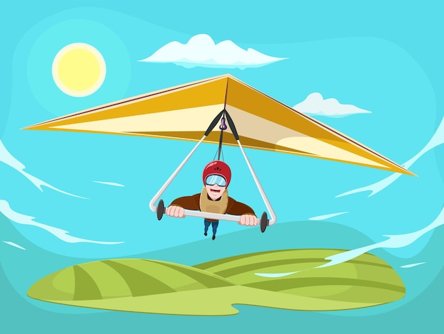 Vector cartoon man flying on hang glider. smiling man flying on hang-glider. sportsman taking part in hang gliding competitions.