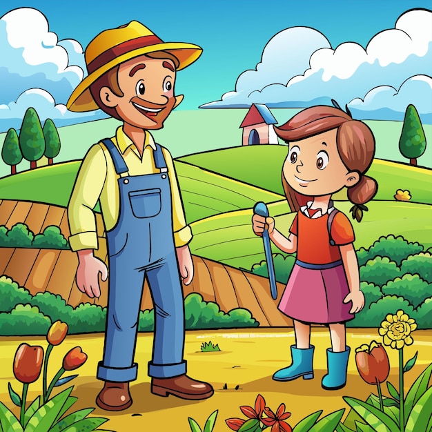 Vector a cartoon of a man and a girl with a hat that says quot the girl is talking to a girl quot