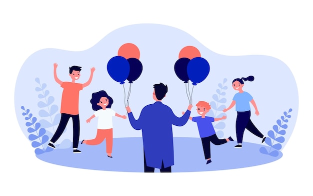 아이들에게 다채로운 풍선을주는 만화 남자.