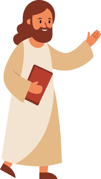 Vector a cartoon of a man holding a bible with a picture of jesus holding a bible